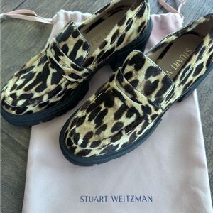 Stuart Weitzman Leopard-Print Penny Loafers in Black and Tan